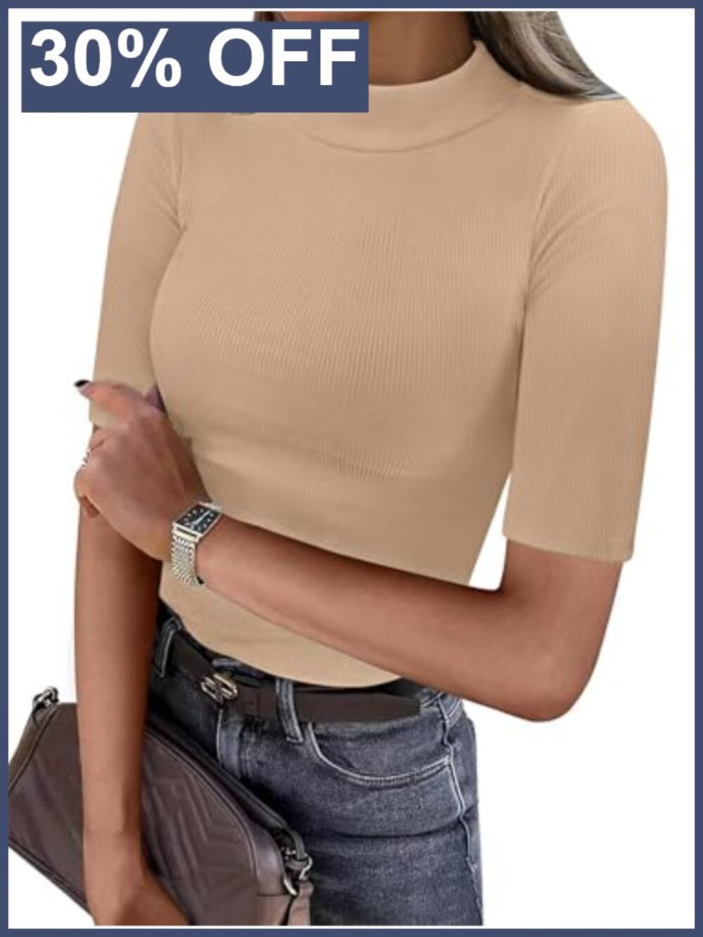 Mock Neck Half Sleeve Ribbed Knit Slim Fit T-Shirt Tee Business Casual Top